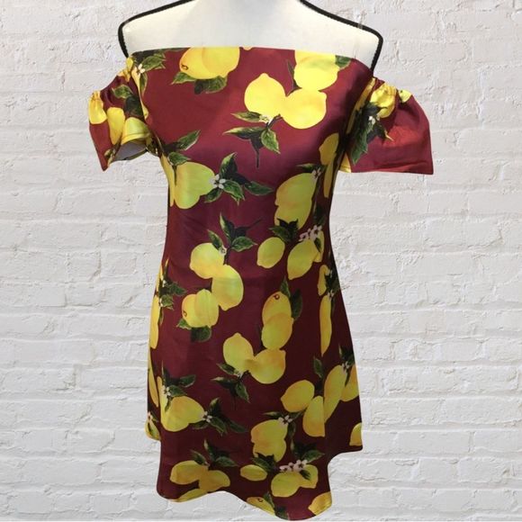 NWT, Lemon-Print Knee-Length Off Shoulder Dress in Dark Red - Med & Large - Picture 4 of 8
